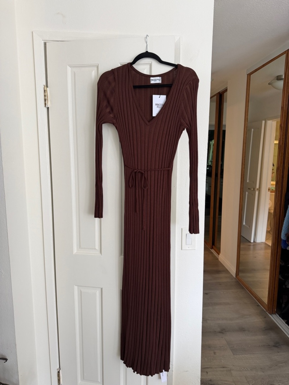 Princess Polly Women’s Ribbed V-Neck Maxi Dress in Brown